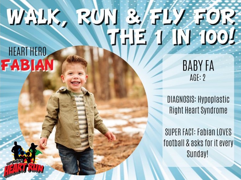 example of a yard sign "Walk, Run & Fly for the 1 in 100!" with an image of a child and some info about him